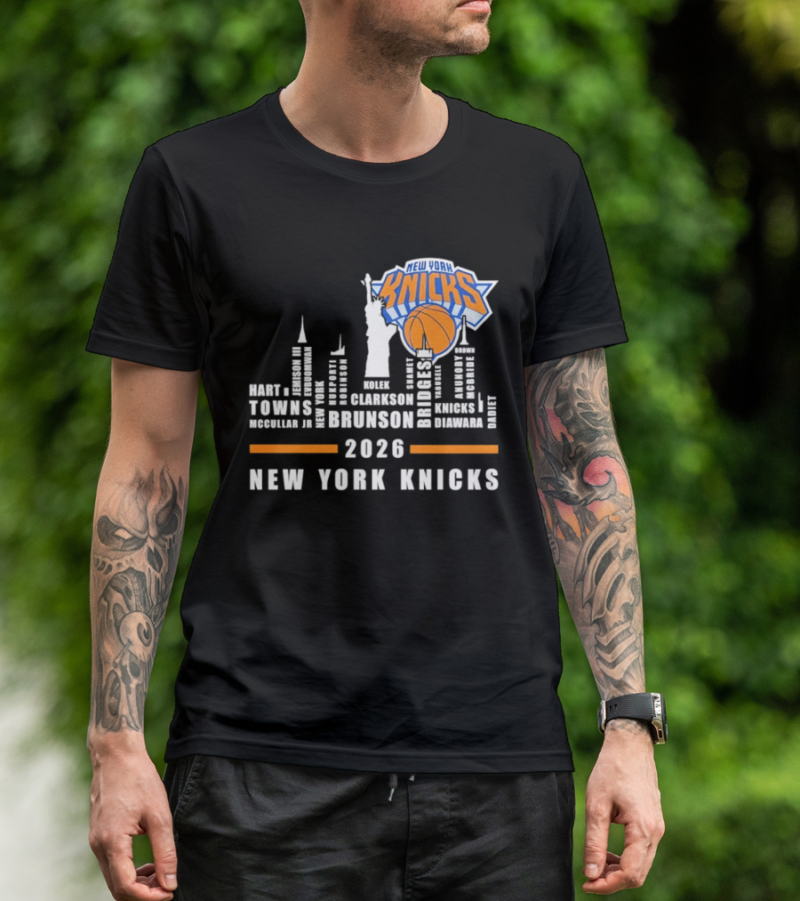 New York Knicks 2026 Jalen Brunson Mikal Bridges NBA Manhattan Skyline T-Shirt