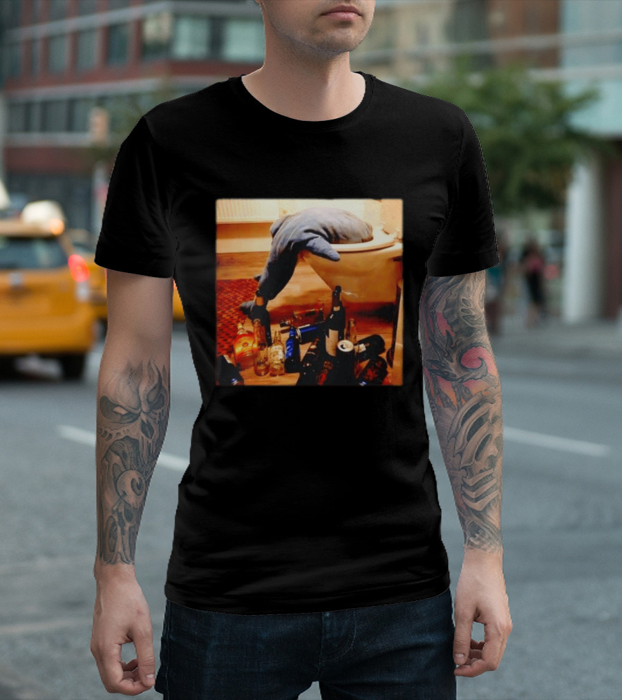 Shark Over Toilet With Alcohol Bottles Party Aftermath T-Shirt