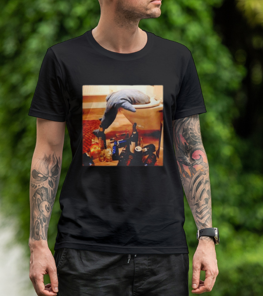Shark Over Toilet With Alcohol Bottles Party Aftermath T-Shirt
