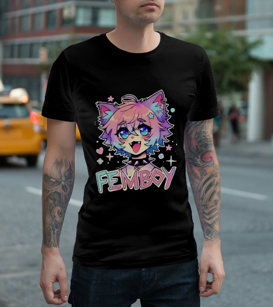 Femboy Catboy Nekomimi Anime Kawaii Pastel Sparkling Spiked Collar T-Shirt