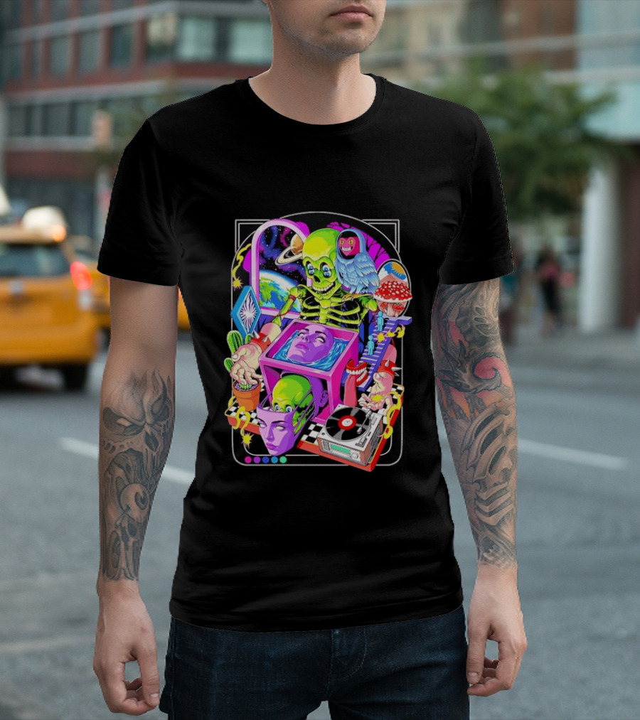 Green Skeleton Psychedelic Owl Surreal Heads Space Earth Trippy Mushrooms Record Player Adventure T-Shirt