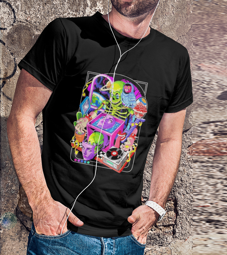Green Skeleton Psychedelic Owl Surreal Heads Space Earth Trippy Mushrooms Record Player Adventure T-Shirt