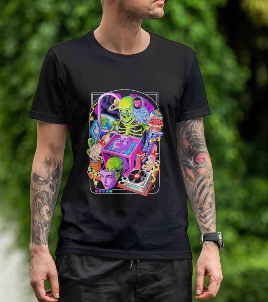 Green Skeleton Psychedelic Owl Surreal Heads Space Earth Trippy Mushrooms Record Player Adventure T-Shirt