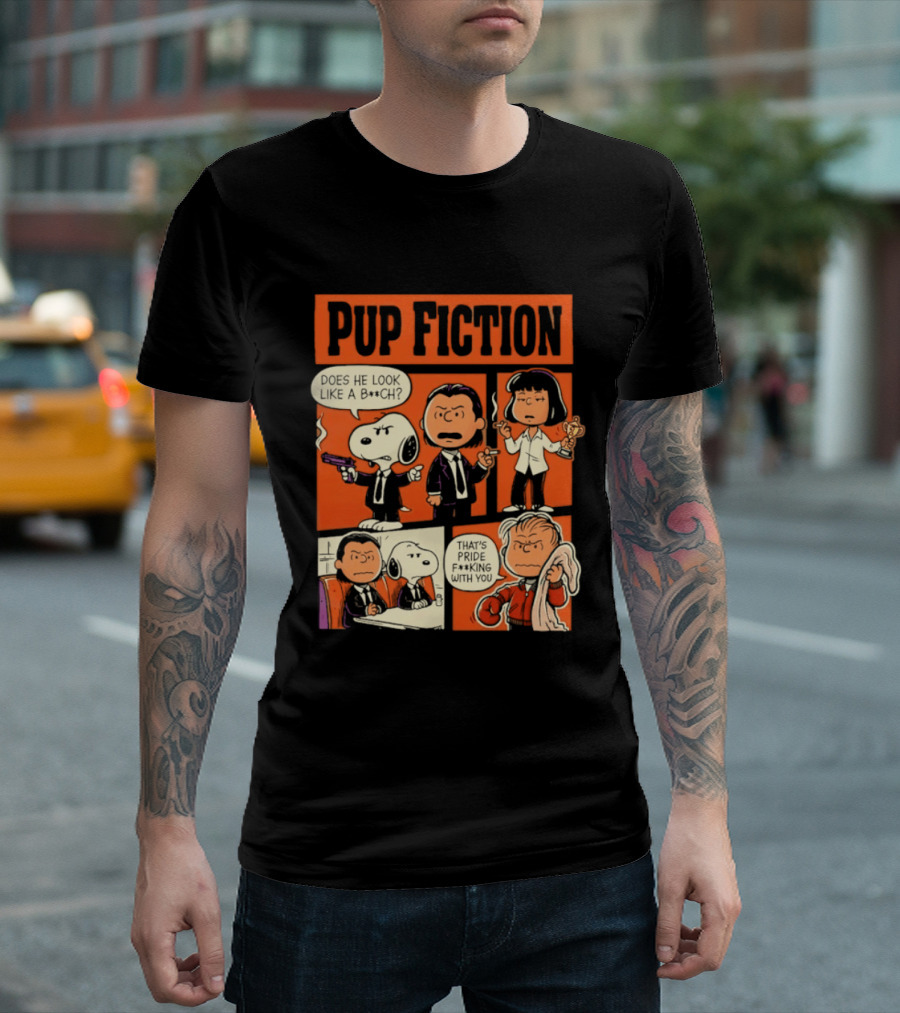 Peanuts Pup Fiction Does He Look Like A Bitch Snopy And Franklin Vincent Jules Mia T-Shirt