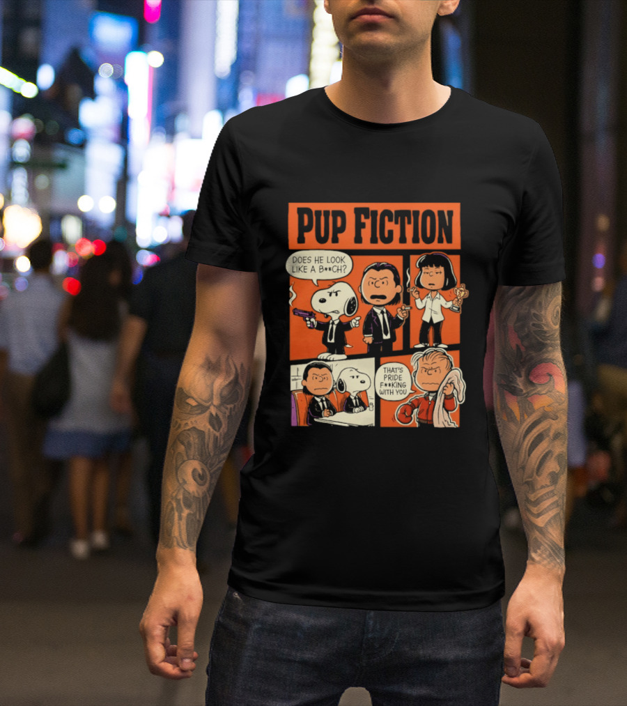 Peanuts Pup Fiction Does He Look Like A Bitch Snopy And Franklin Vincent Jules Mia T-Shirt