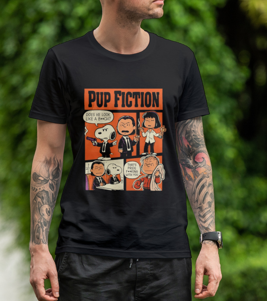 Peanuts Pup Fiction Does He Look Like A Bitch Snopy And Franklin Vincent Jules Mia T-Shirt