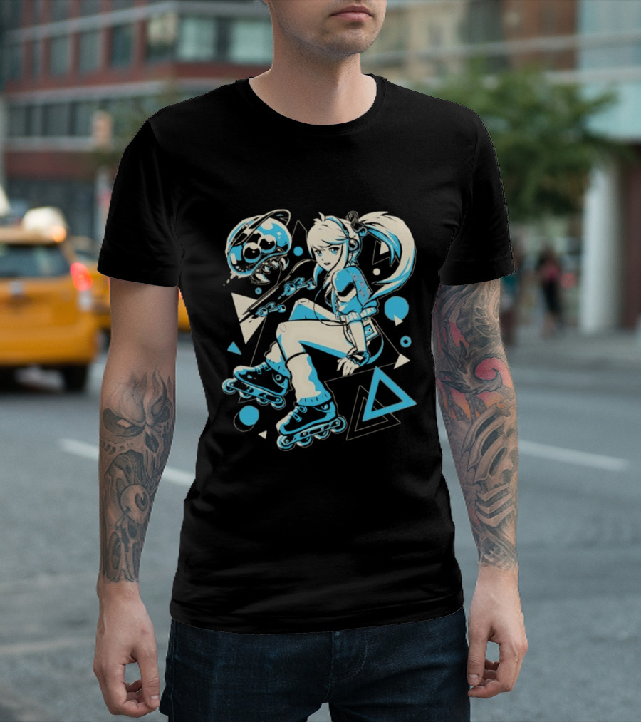 Samus Aran Metroid Rollerblades Skateboard Retro Gaming T-Shirt