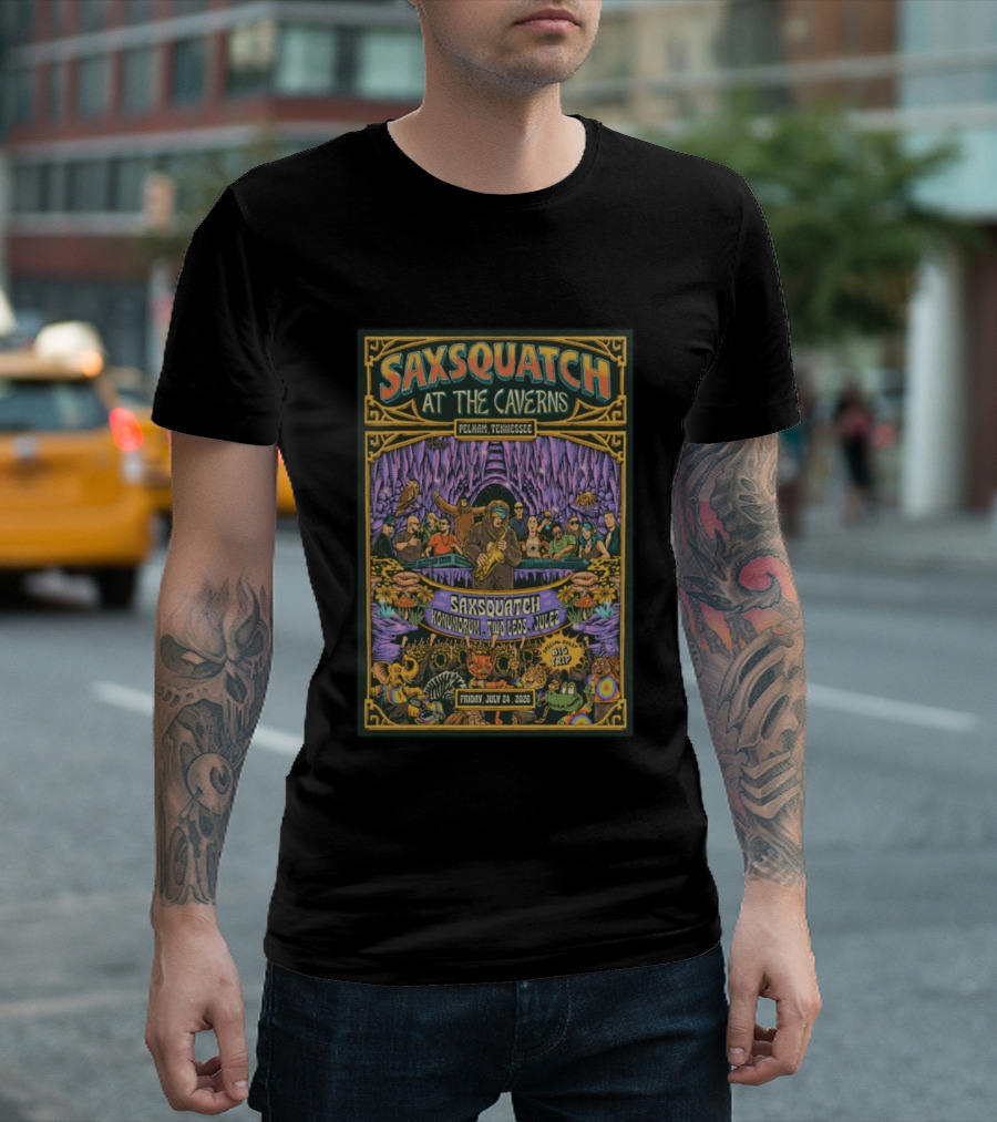 Saxsquatch At The Caverns Pelham Tennessee July 24 2026 Konundrum Two Egos Julez T-Shirt