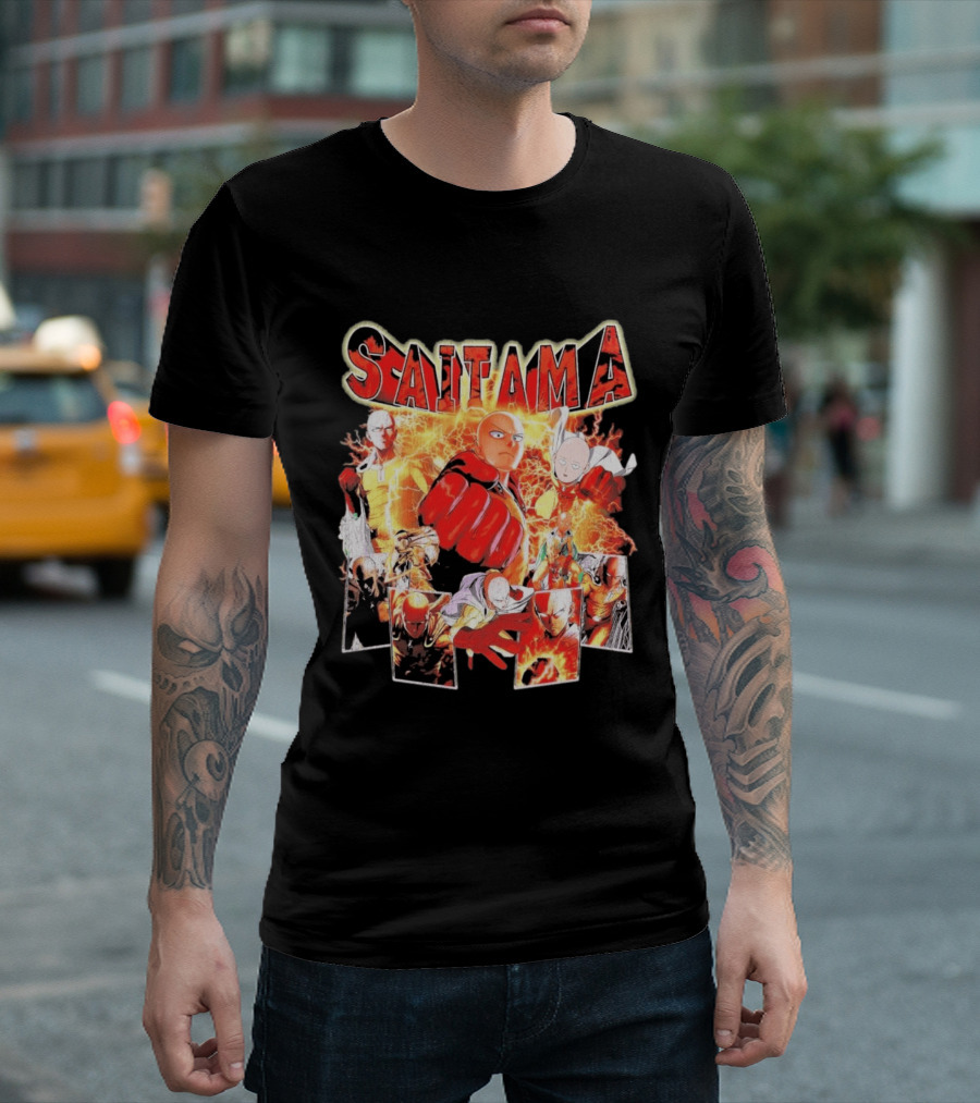 Saitama Hero Manga Character Collage With Lightning Fist T-Shirt