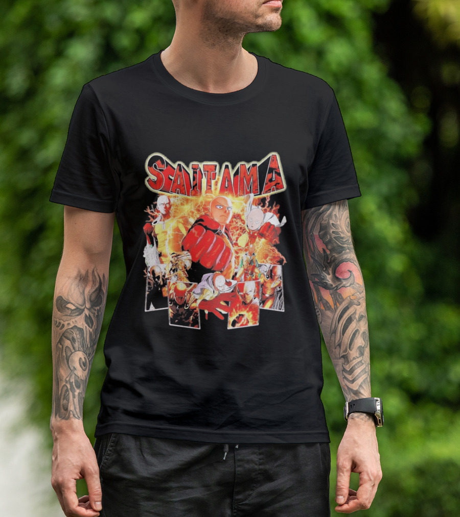 Saitama Hero Manga Character Collage With Lightning Fist T-Shirt