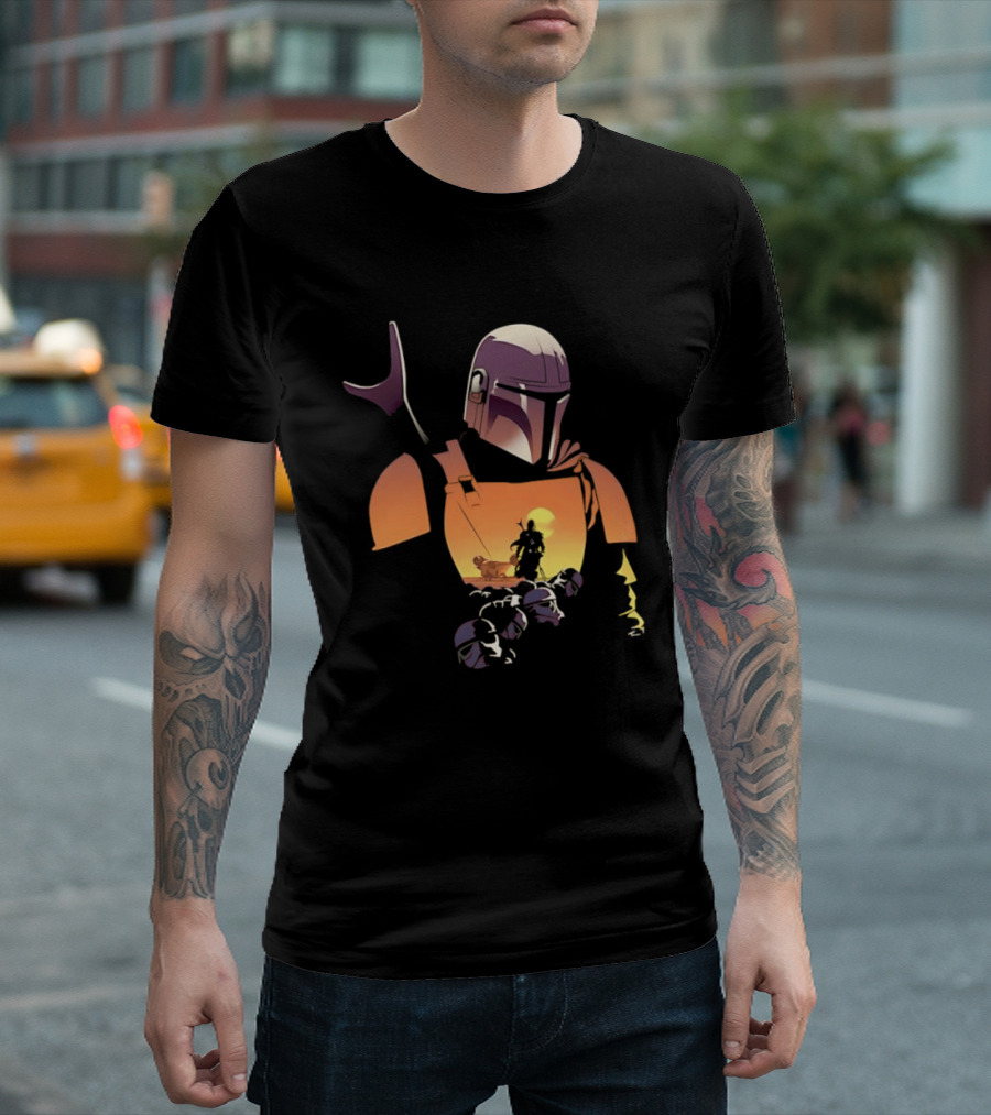 The Mandalorian Grogu Star Wars Journey Silhouette In Armor Scene T-Shirt
