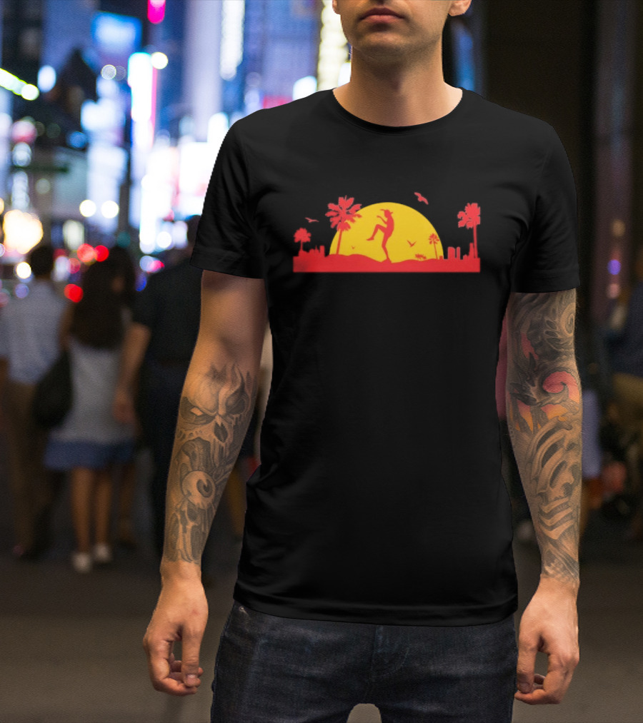 Cobra Kai Crane Kick Sunset Scene With Palm Trees And Birds T-Shirt
