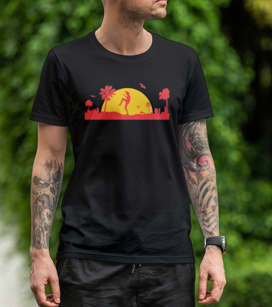 Cobra Kai Crane Kick Sunset Scene With Palm Trees And Birds T-Shirt