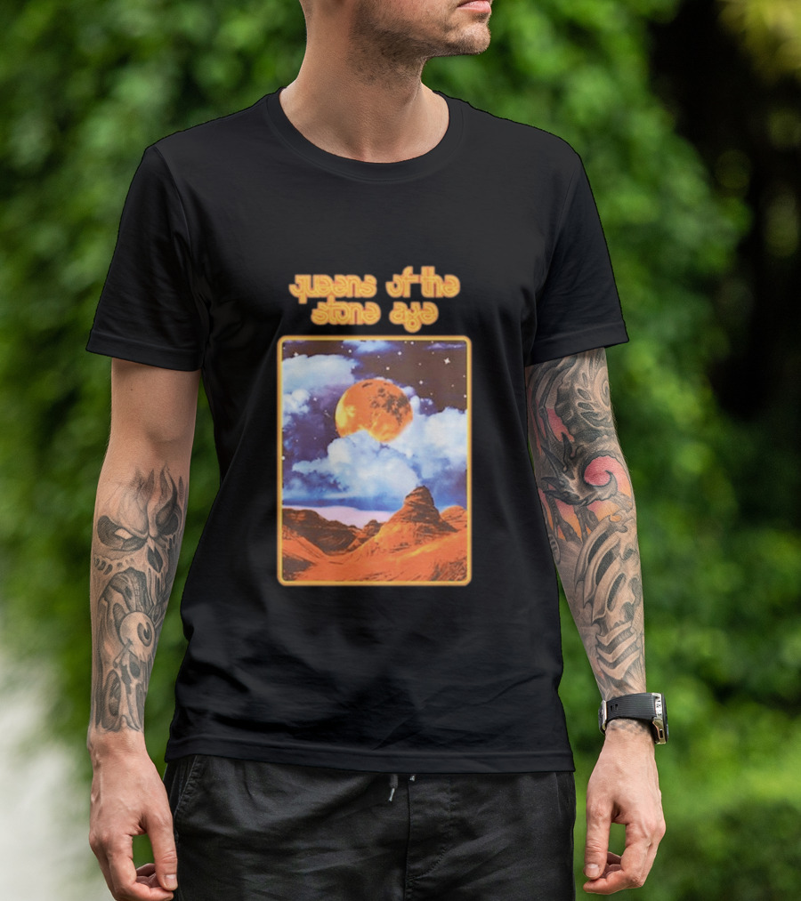 Queens Of The Stone Age Moon Landscape With Orange Cloudy Night Sky And Desert Scene T-Shirt