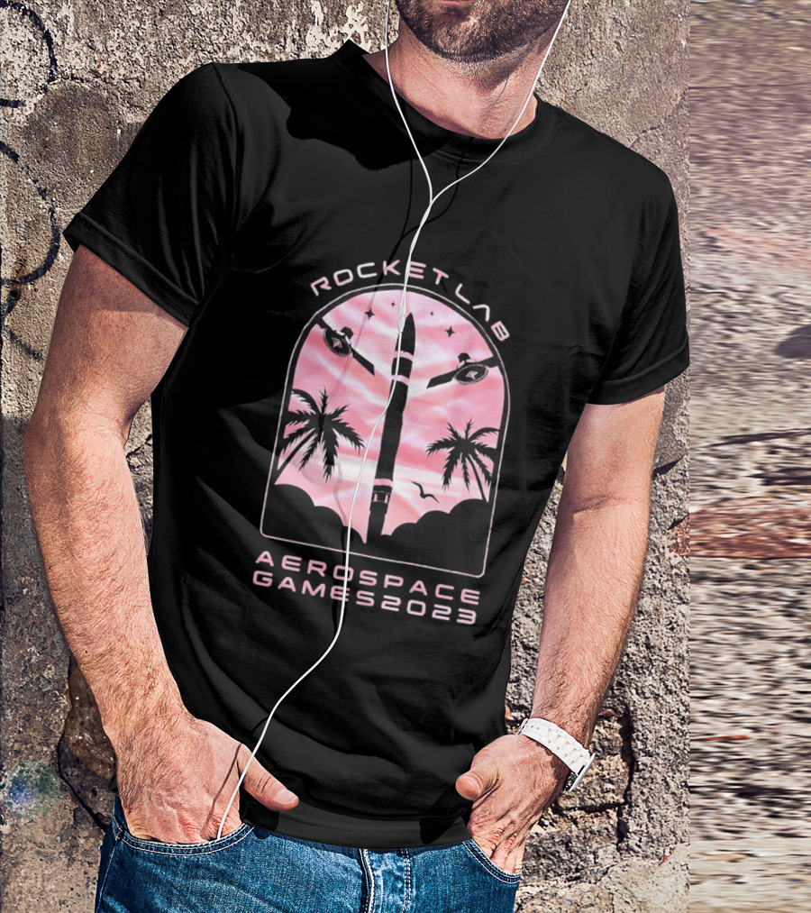 Rocket Lab Aerospace Games 2023 Rocket Space Satellite Event Palm Trees T-Shirt