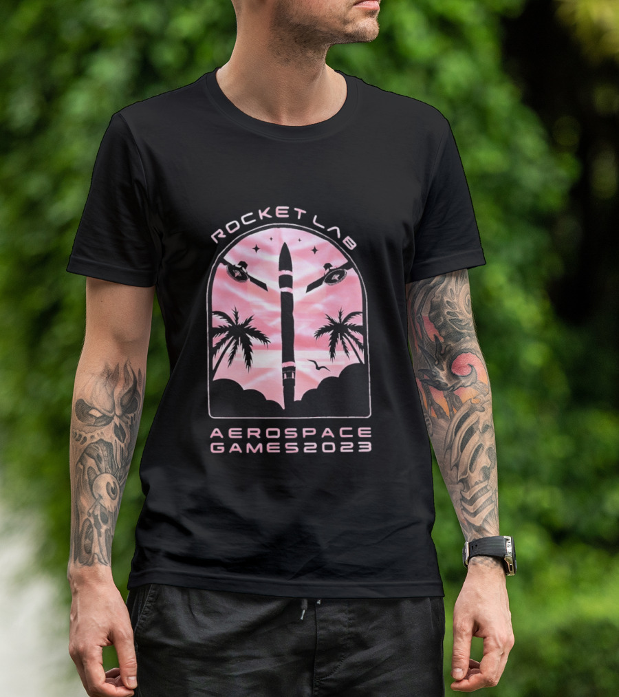 Rocket Lab Aerospace Games 2023 Rocket Space Satellite Event Palm Trees T-Shirt