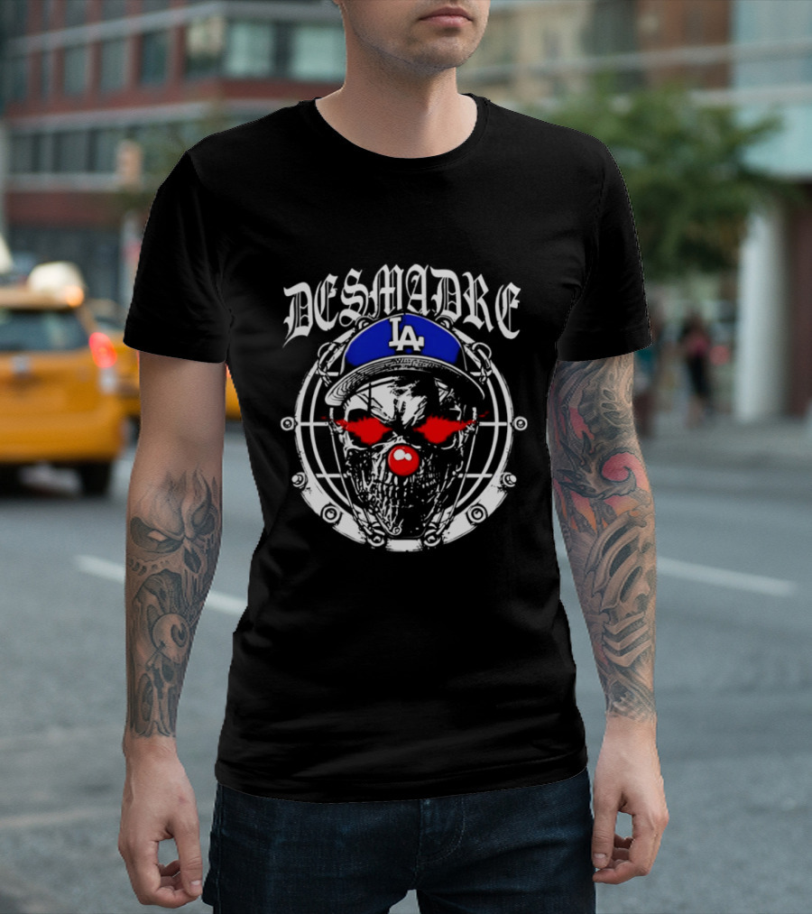 Skull In Los Angeles Dodgers Cap With Clown Makeup And DESMADRE T-Shirt