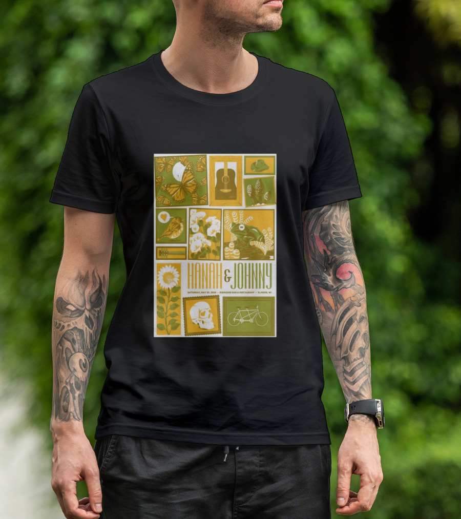 Hanah & Johnny May 30 2026 Ringer's Bar & Restaurant Slinger WI Butterfly Guitar Skull Bicycle Floral T-Shirt