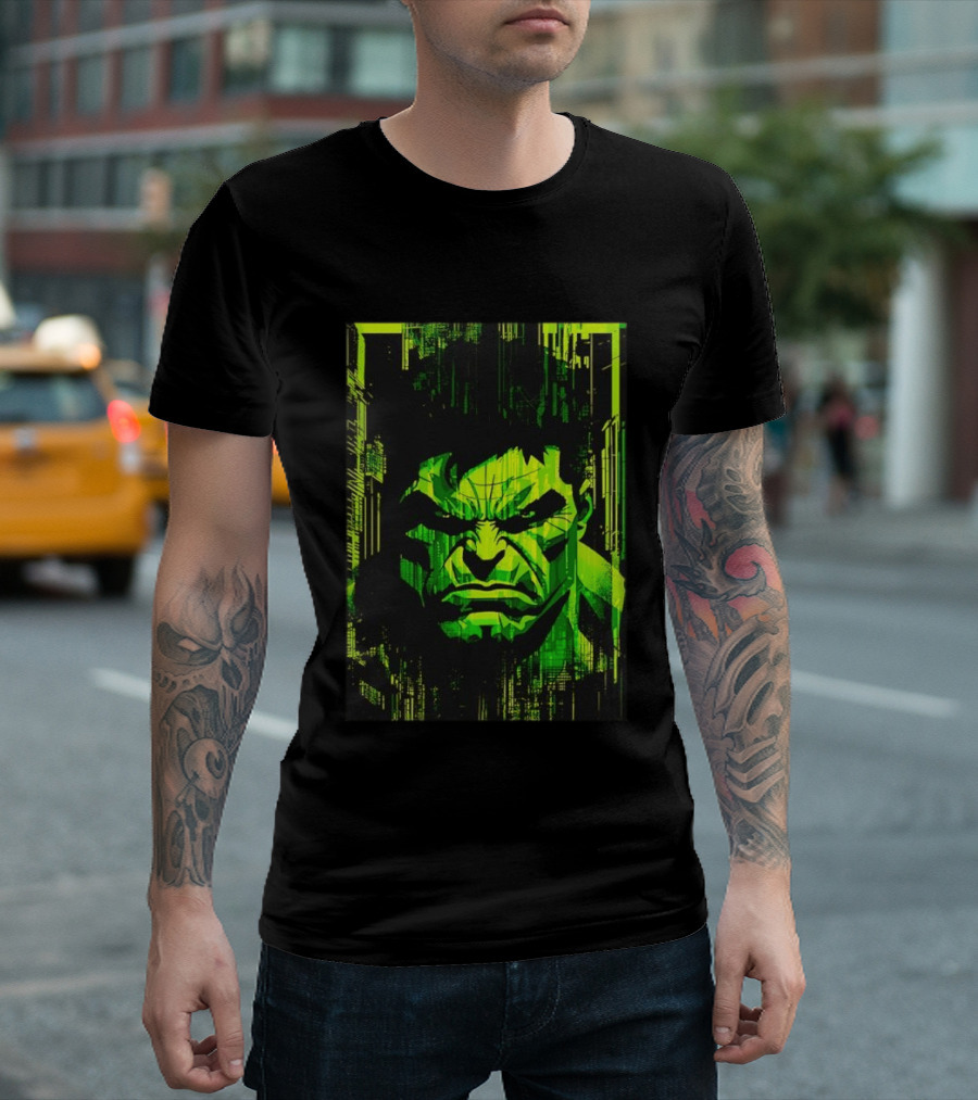 Hulk Glitch Digital Green Abstract Face T-Shirt