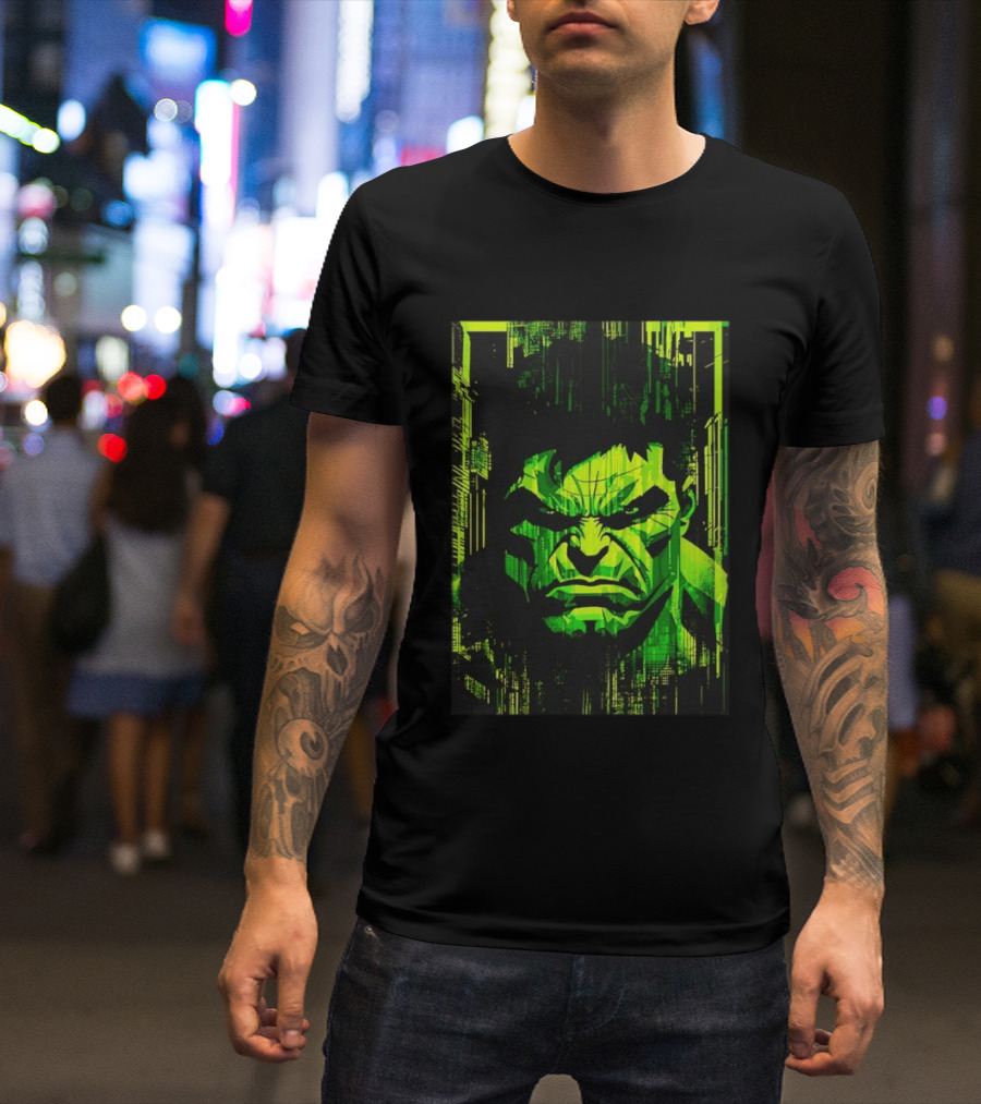 Hulk Glitch Digital Green Abstract Face T-Shirt