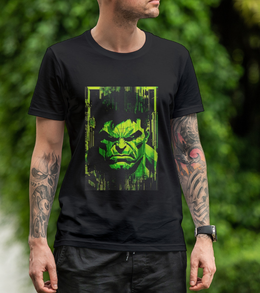 Hulk Glitch Digital Green Abstract Face T-Shirt