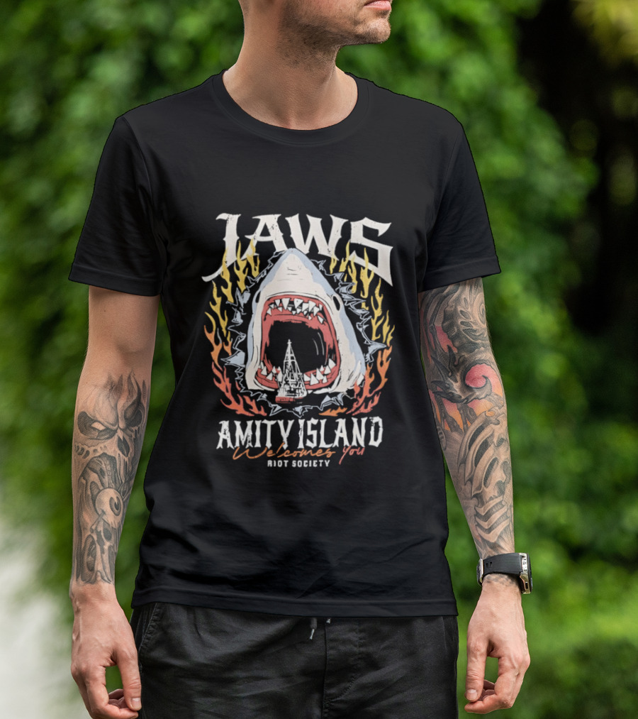 Jaws Amity Island Welcomes You Shark Eating Riot Society T-Shirt