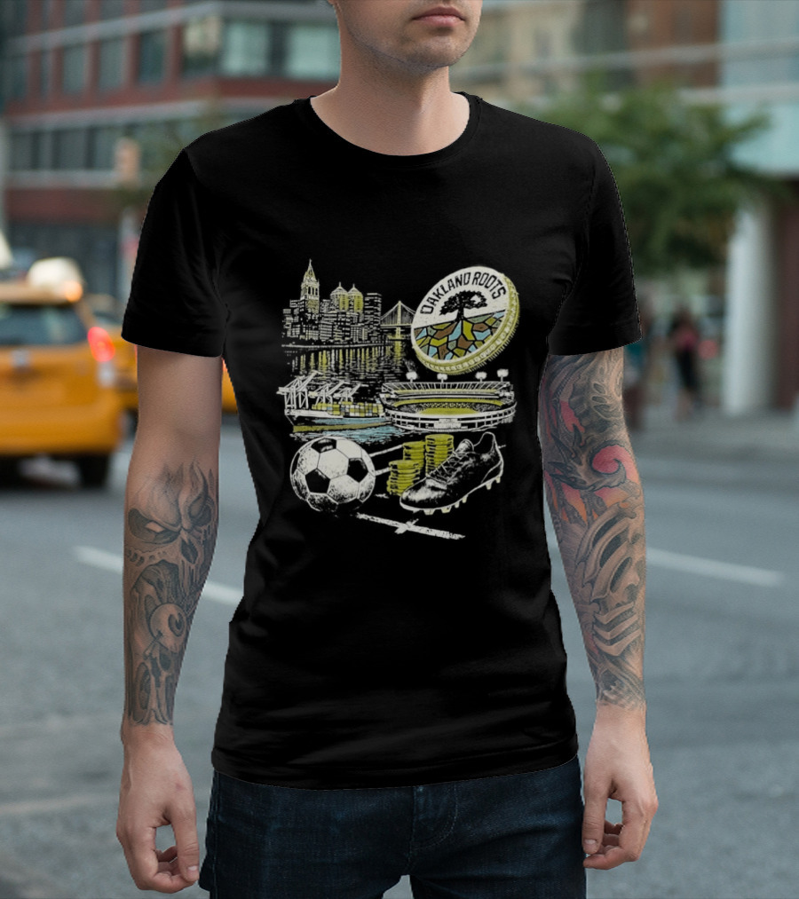 Oakland Roots Skyline Soccer Ball Stadium Ship And Coins T-Shirt