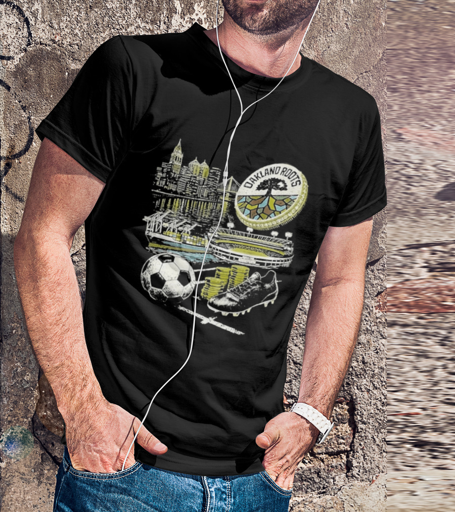 Oakland Roots Skyline Soccer Ball Stadium Ship And Coins T-Shirt