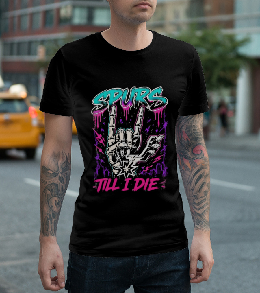 Spurs Till I Die Skeleton Hand Rock On San Antonio Basketball T-Shirt