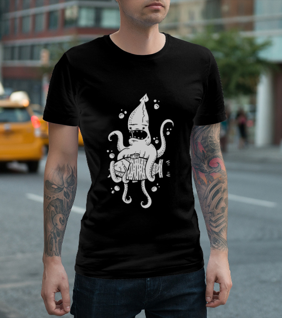 Squid Monster With Barrel Sea Creature Ocean Adventure T-Shirt