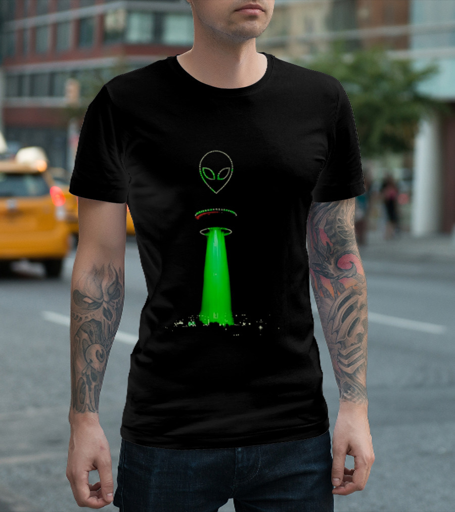 Alien Beam Over City Night Skyline Glow T-Shirt