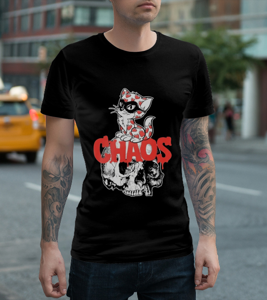 Chaos Cat Heart Pattern Masked Skull T-Shirt