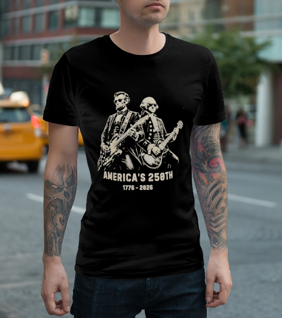 America's 250th 1776 2026 George Washington Abraham Lincoln Playing Guitar T-Shirt