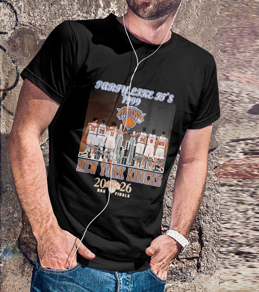 New York Knicks Party Like It's 1999 NBA Finals 2026 Karl Anthony Towns Mikal Bridges Jalen Brunson Patrick Ewing Latrell Sprewell T-Shirt