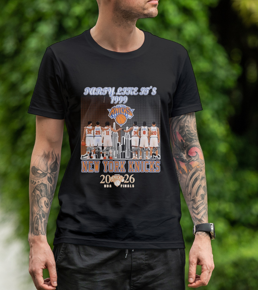 New York Knicks Party Like It's 1999 NBA Finals 2026 Karl Anthony Towns Mikal Bridges Jalen Brunson Patrick Ewing Latrell Sprewell T-Shirt