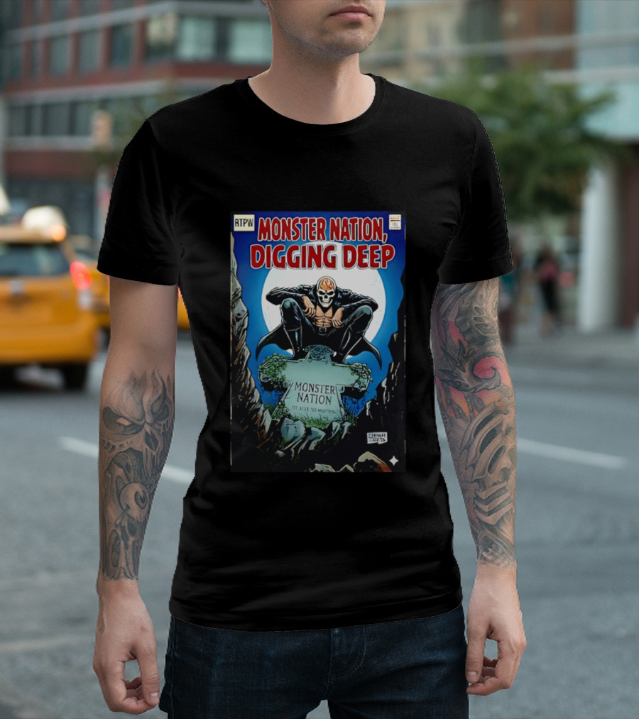 Monster Nation Digging Deep Comic Cover Tombstone Skeleton Superhero T-Shirt