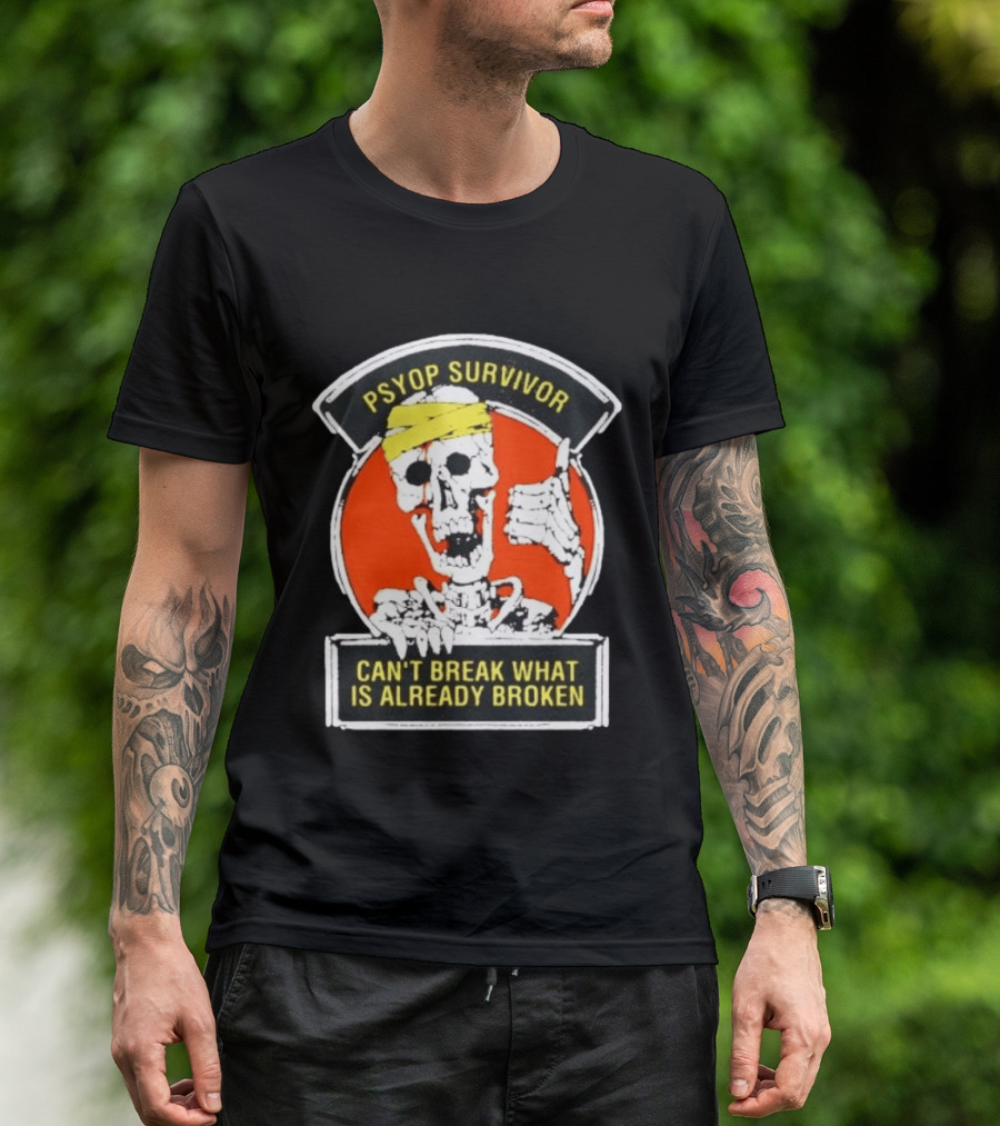 Psyop Survivor Skeleton Can't Break What Is Already Broken Yellow Bandana Thumbs Up T-Shirt
