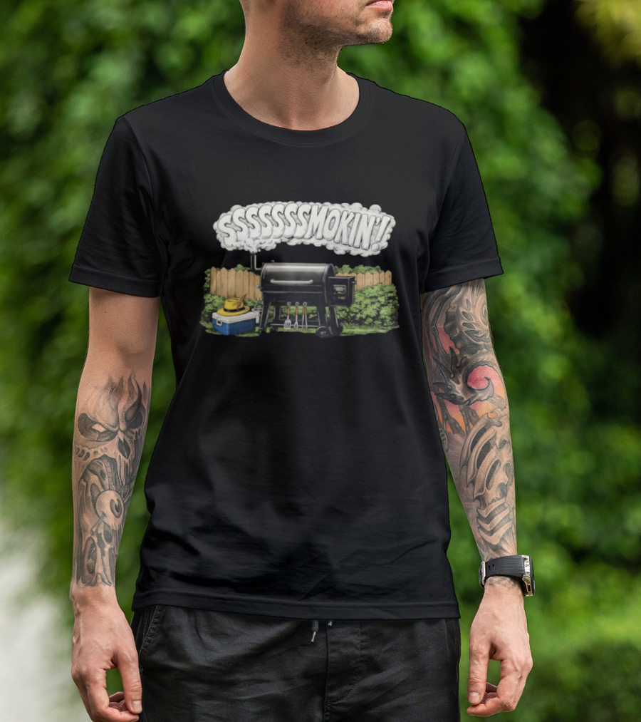 Ssssssmokin Pellet Grill Backyard Barbecue Scene T-Shirt