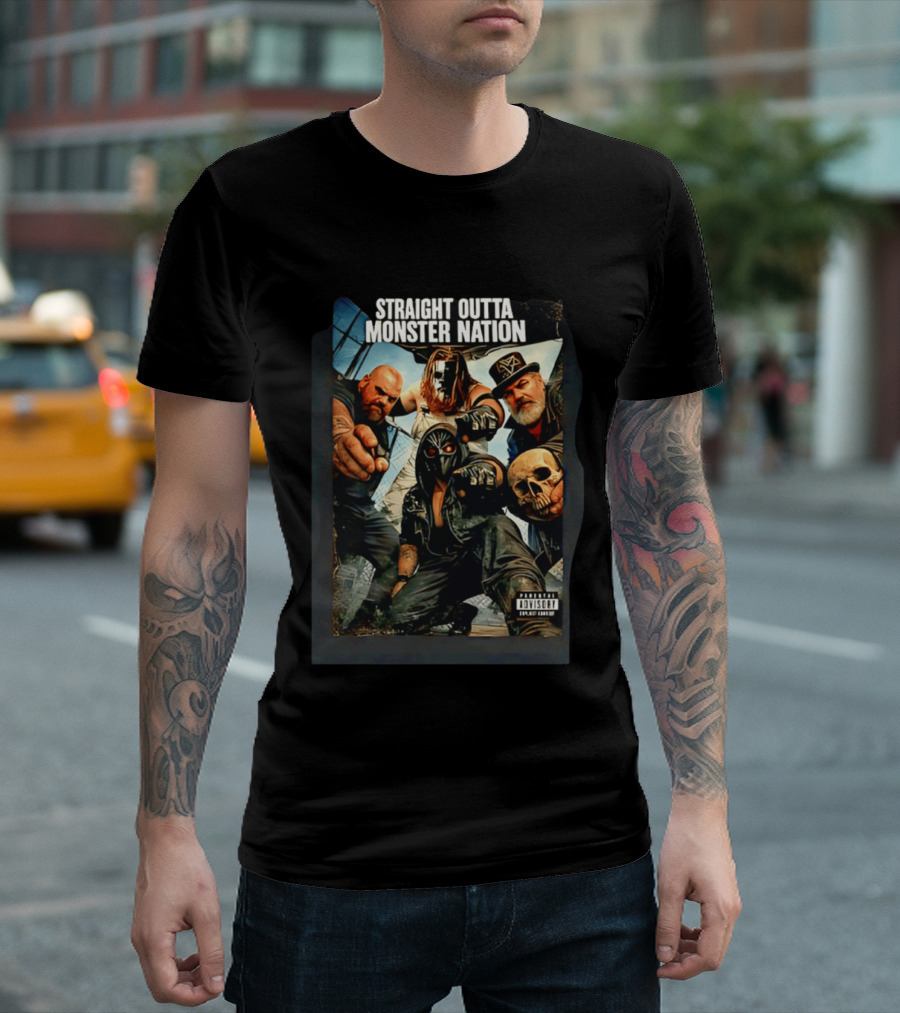 Straight Outta Monster Nation Group Pose With Skulls And Masks T-Shirt