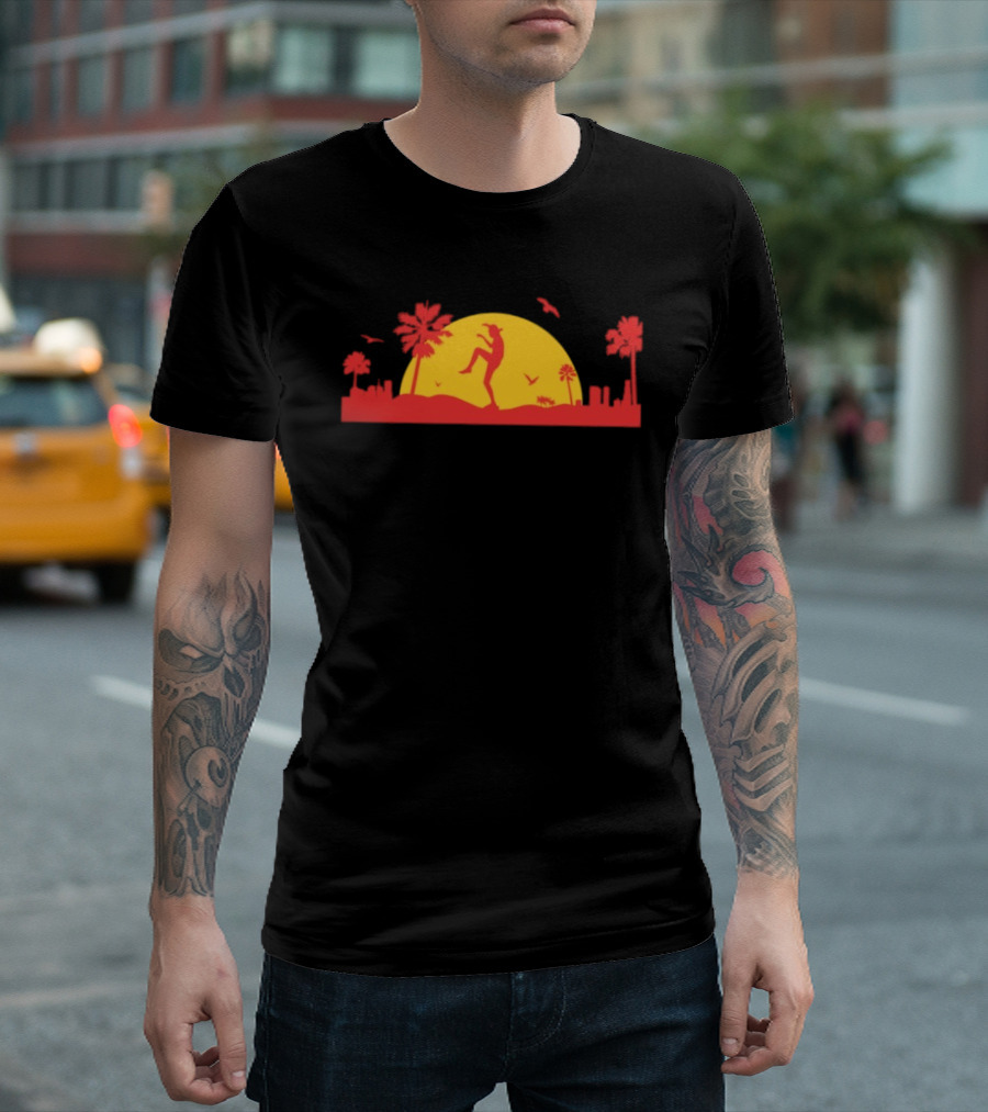 Sunset Crane Club Martial Arts Silhouette With Palm Trees And Birds T-Shirt