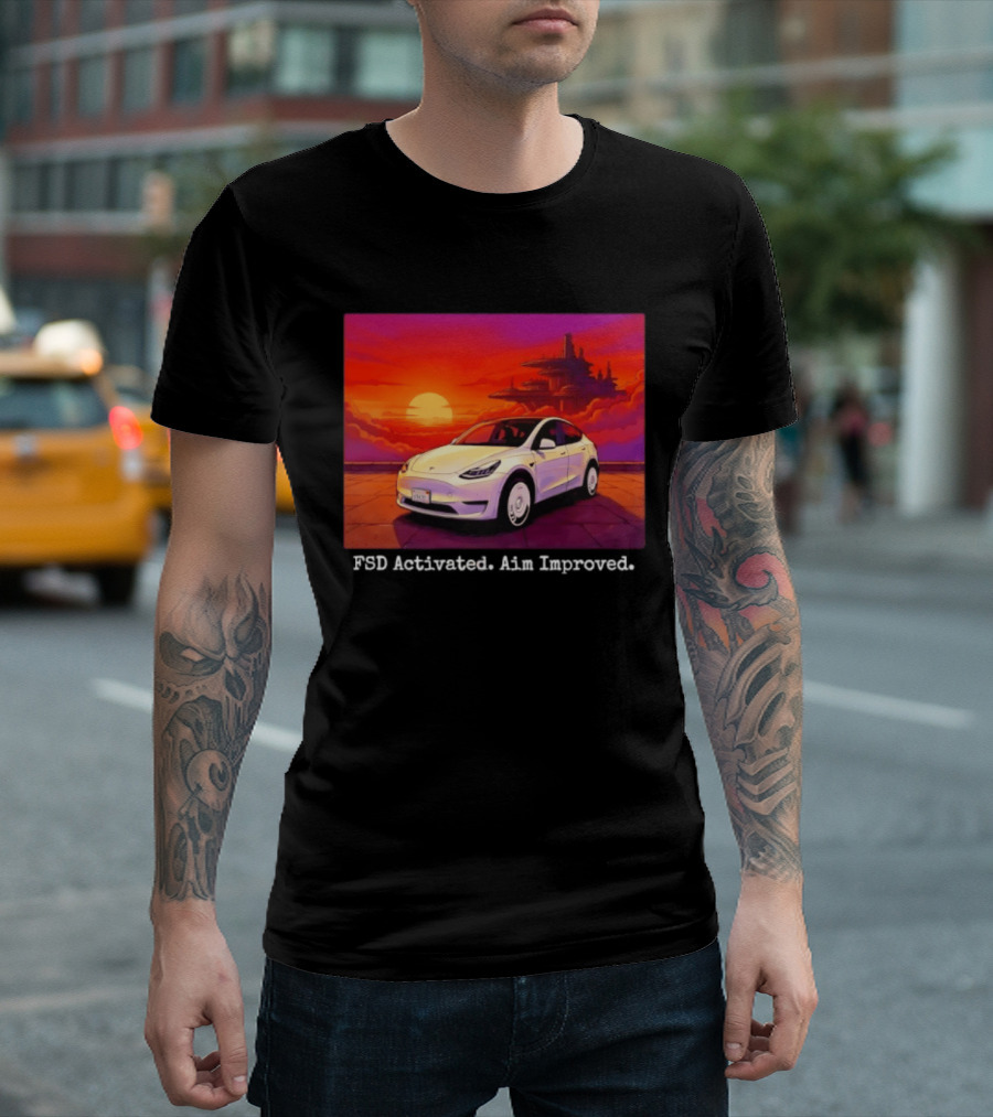 Tesla Model Y FSD Activated Aim Improved Sunset Futuristic City Scene T-Shirt