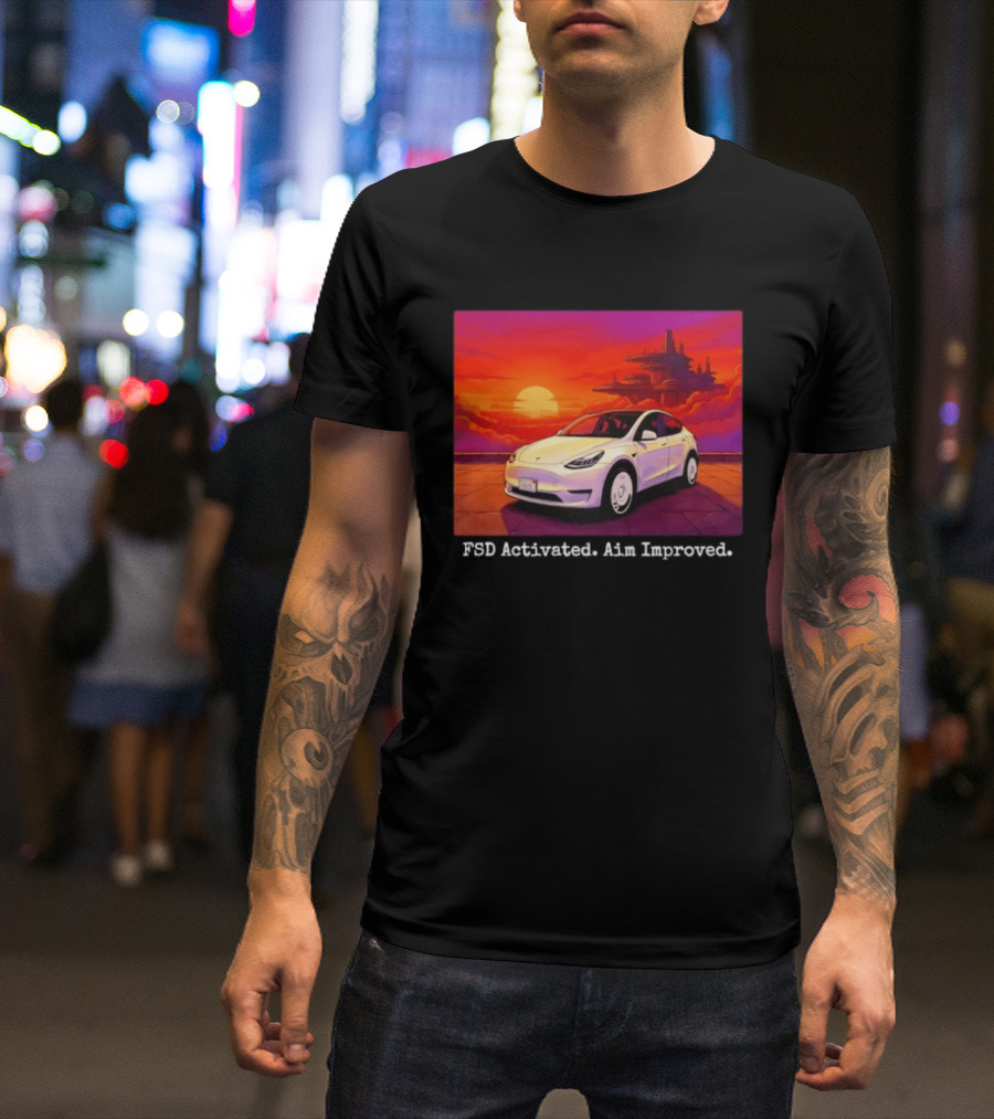 Tesla Model Y FSD Activated Aim Improved Sunset Futuristic City Scene T-Shirt