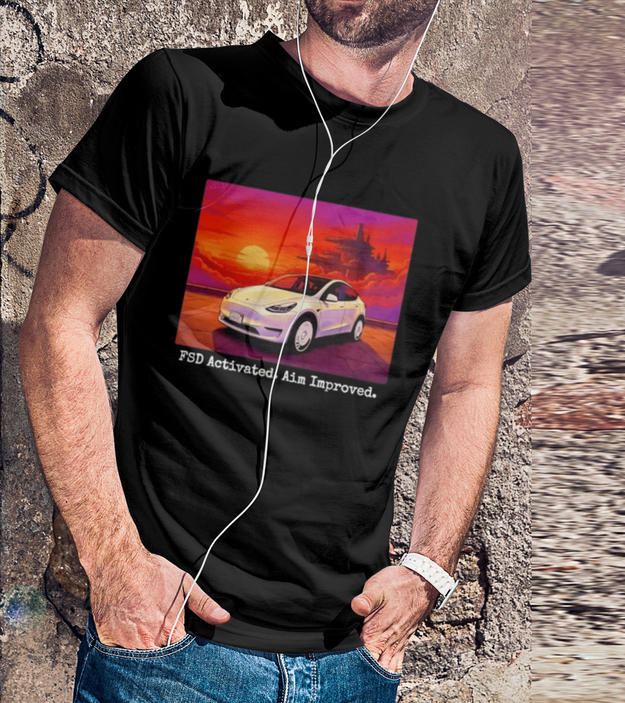 Tesla Model Y FSD Activated Aim Improved Sunset Futuristic City Scene T-Shirt