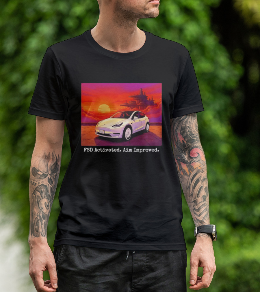 Tesla Model Y FSD Activated Aim Improved Sunset Futuristic City Scene T-Shirt