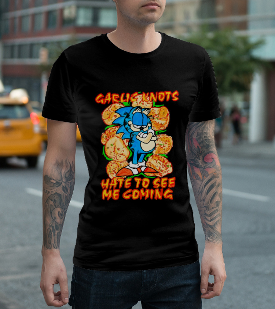 Garlic Knots Hate To See Me Coming Blue Character Surrounded By Cheesy Snacks T-Shirt