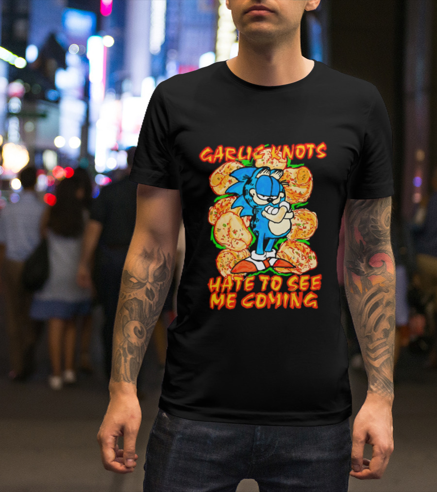 Garlic Knots Hate To See Me Coming Blue Character Surrounded By Cheesy Snacks T-Shirt