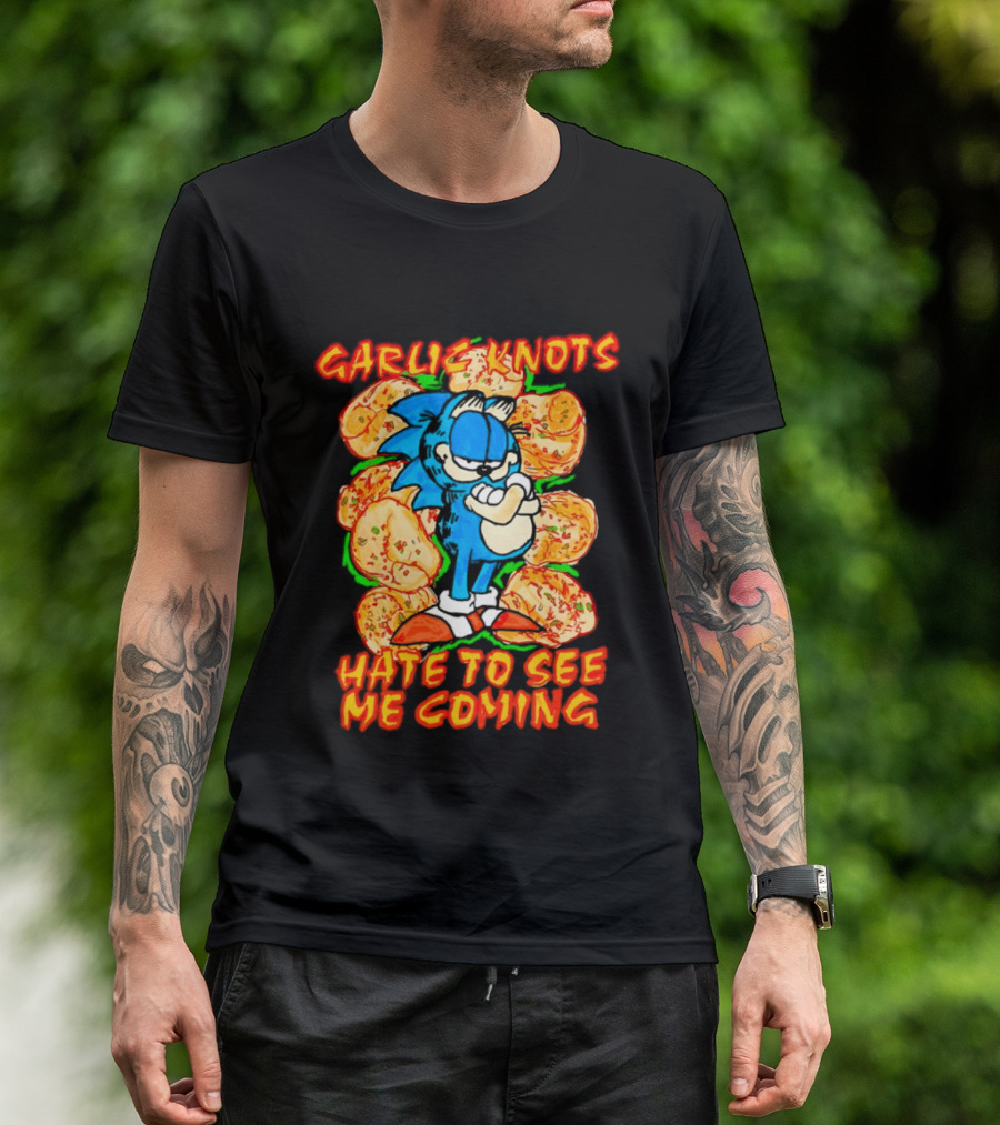 Garlic Knots Hate To See Me Coming Blue Character Surrounded By Cheesy Snacks T-Shirt