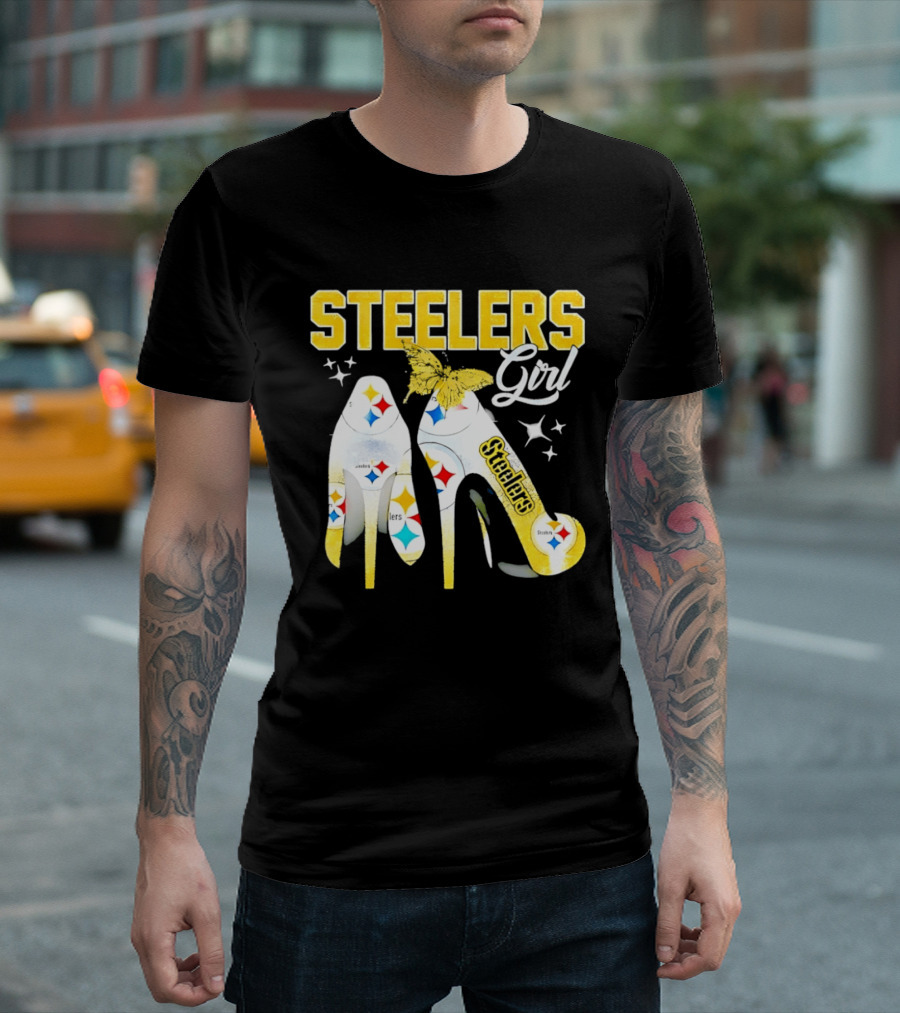 Steelers Girl High Heels With Butterfly And Stars T-Shirt