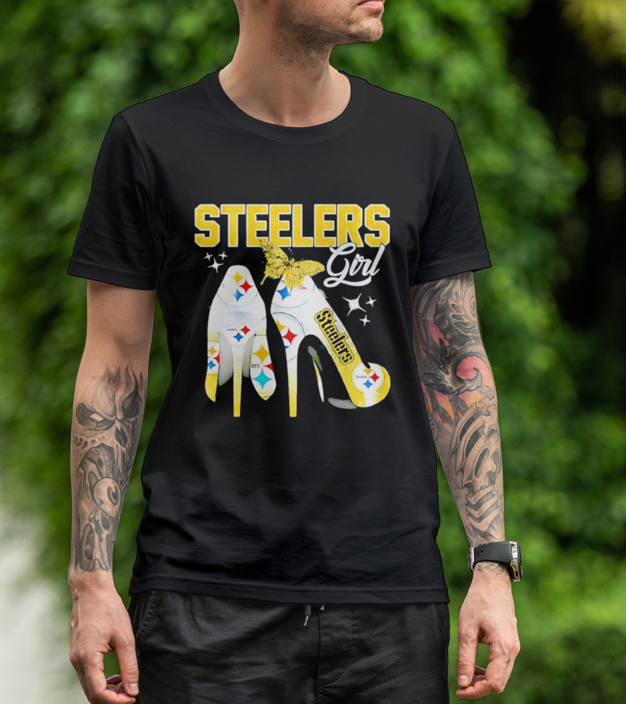 Steelers Girl High Heels With Butterfly And Stars T-Shirt