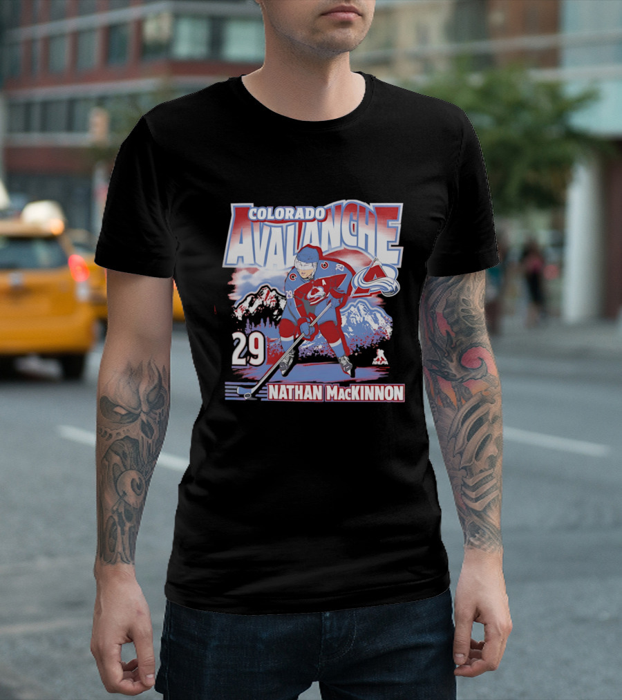 Colorado Avalanche Nathan MacKinnon 29 Hockey Mountain Scene T-Shirt